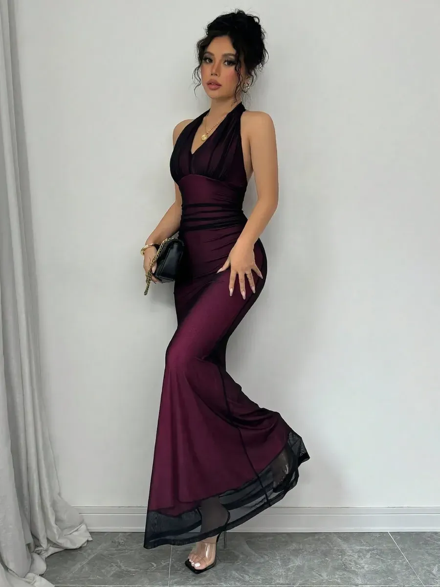 Vestido Elegante De Malla De Doble Capa Y Largo Para Mujer