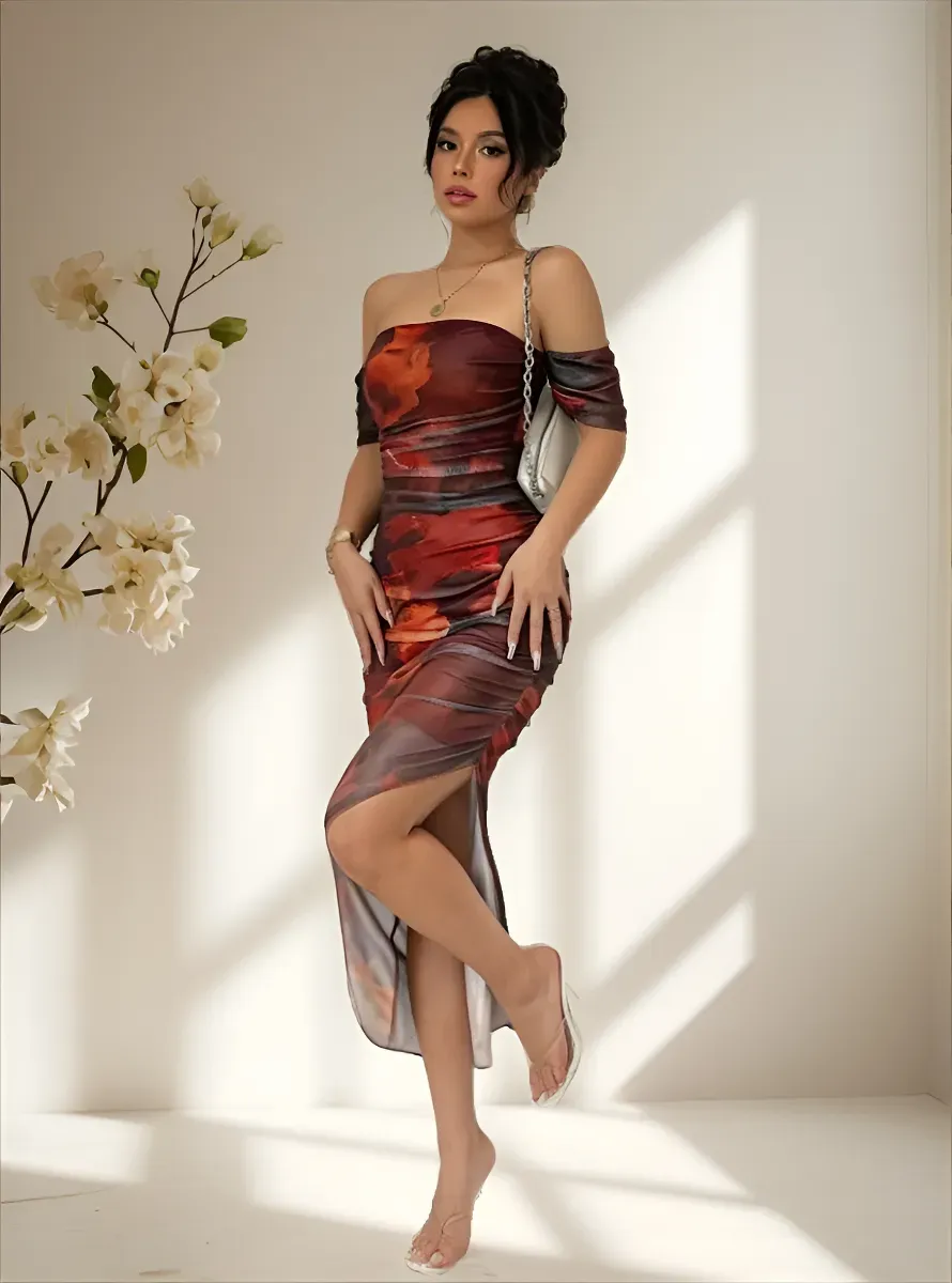 Vestido Midi Strapless Tie-dye Sexy Mujer Tul Vestido Ceñido