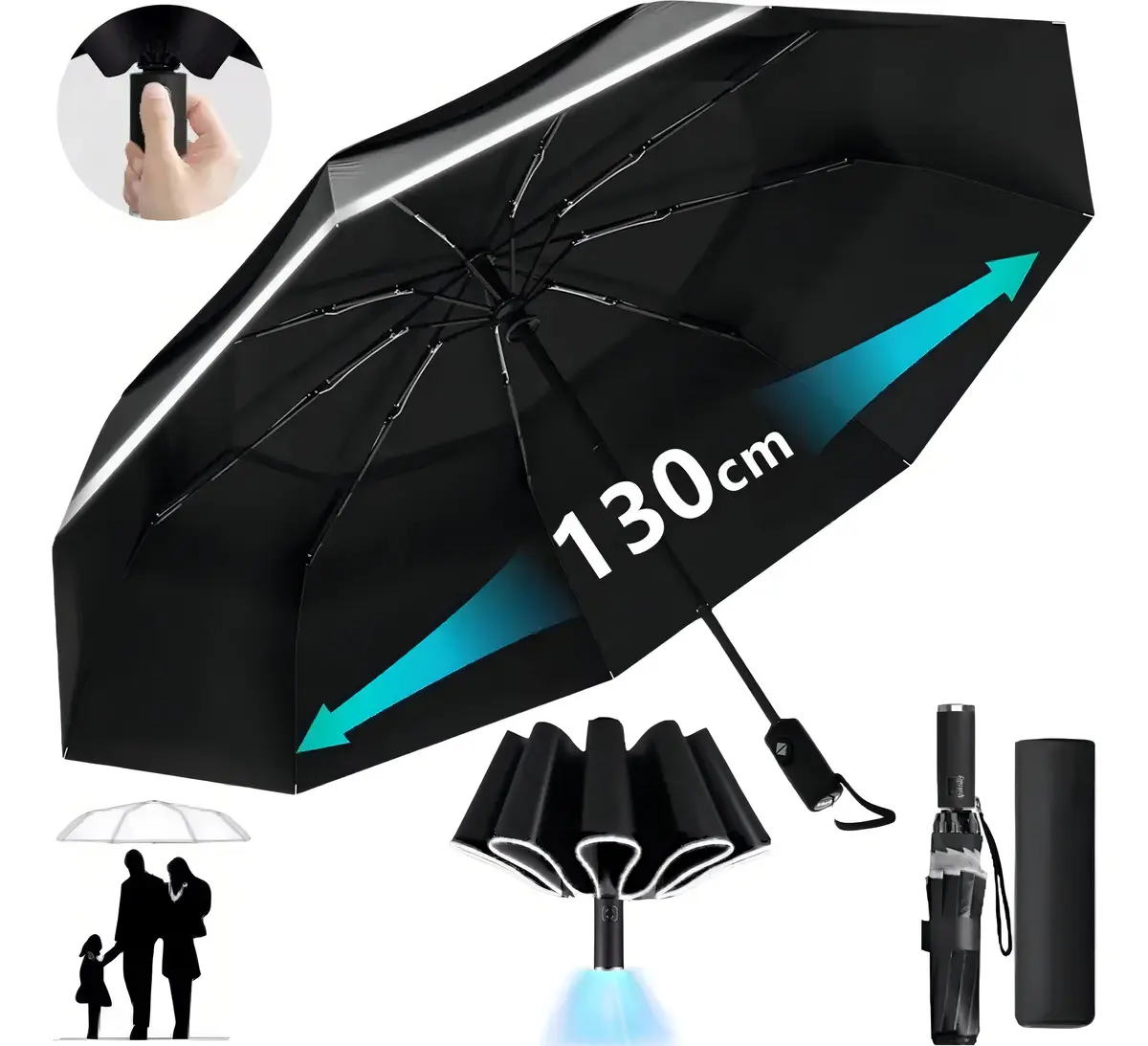 Paraguas de bolsillo negro con protección UV y apertura automática Blacktek
