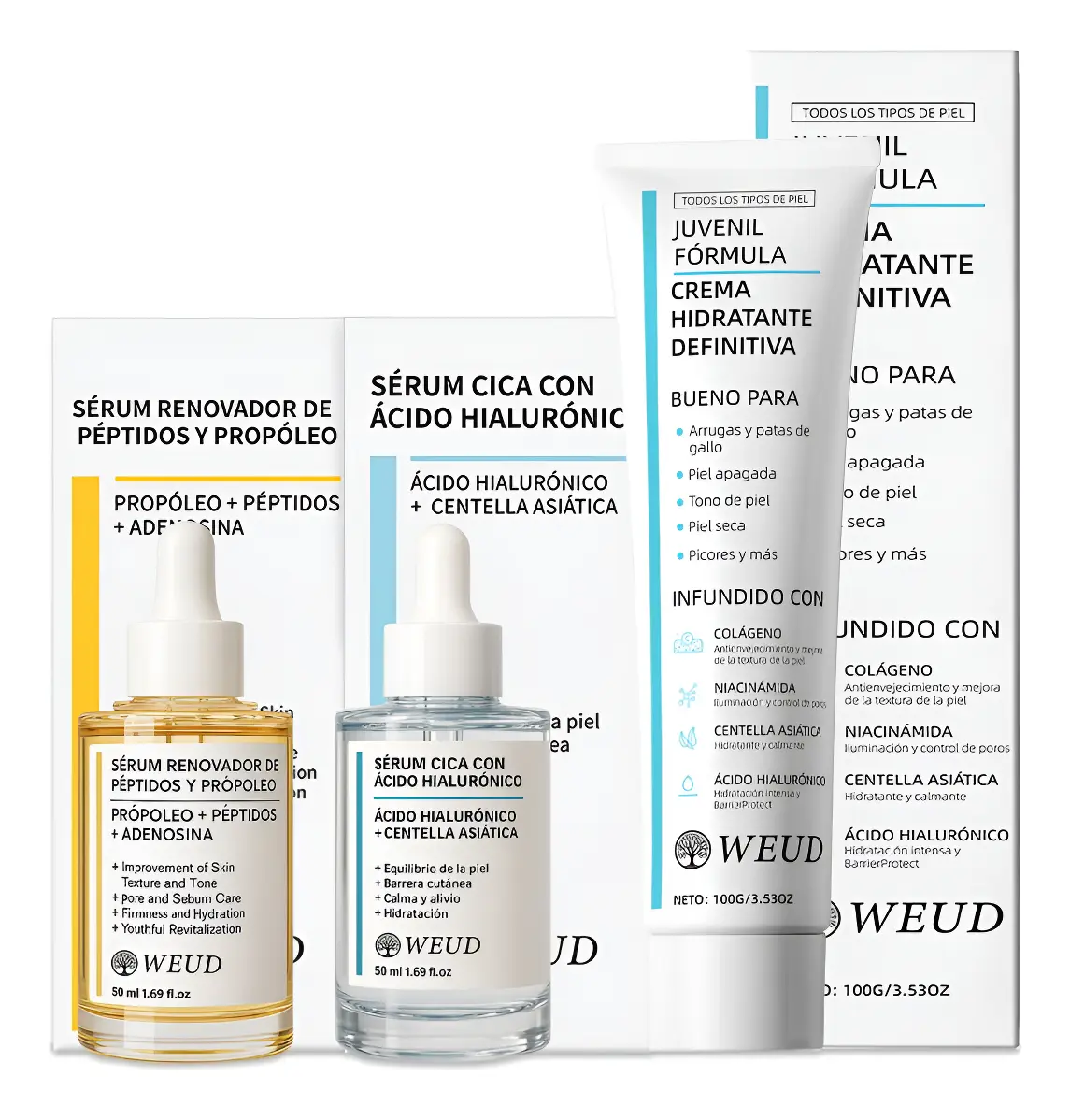 Kit Facial Crema Hidrata Sérum Cica Hial Péptidos Propóleo