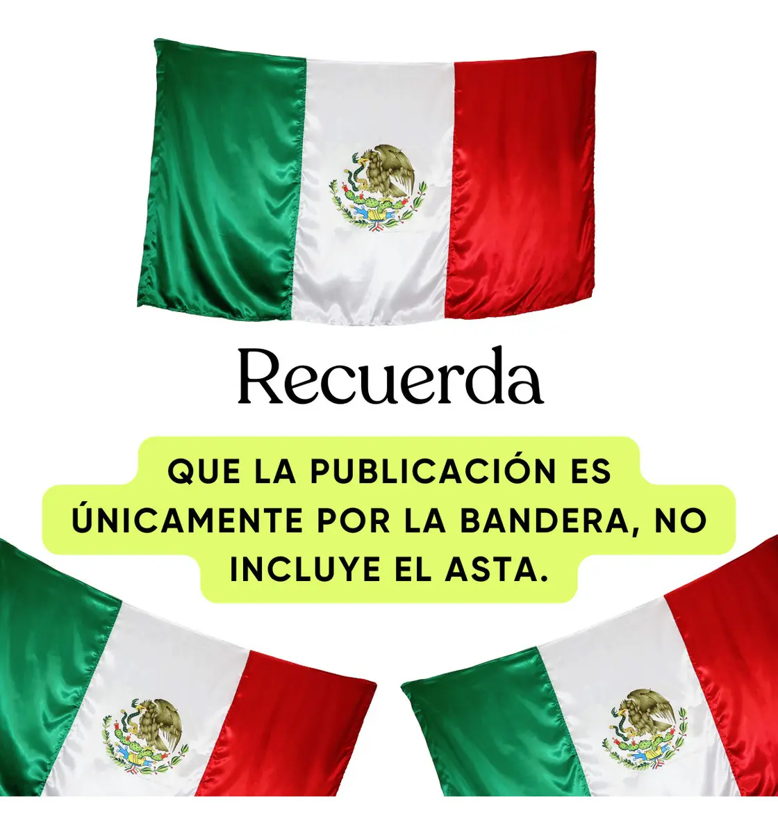 Bandera de México Satinada 2.1x1.2 m Rectangular Reforzada con Tiras