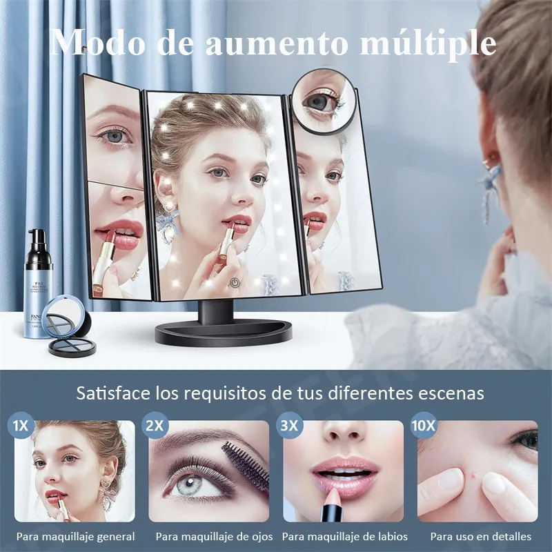 Espejo Maquillaje Luz Tríptica Aumento 3x/2x/10x Buen Regalo