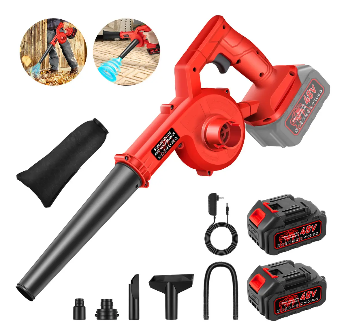 Soplador Aspiradora Inalámbrica Linsen 850W 2 Baterías 4 en 1 Hojas Jardín