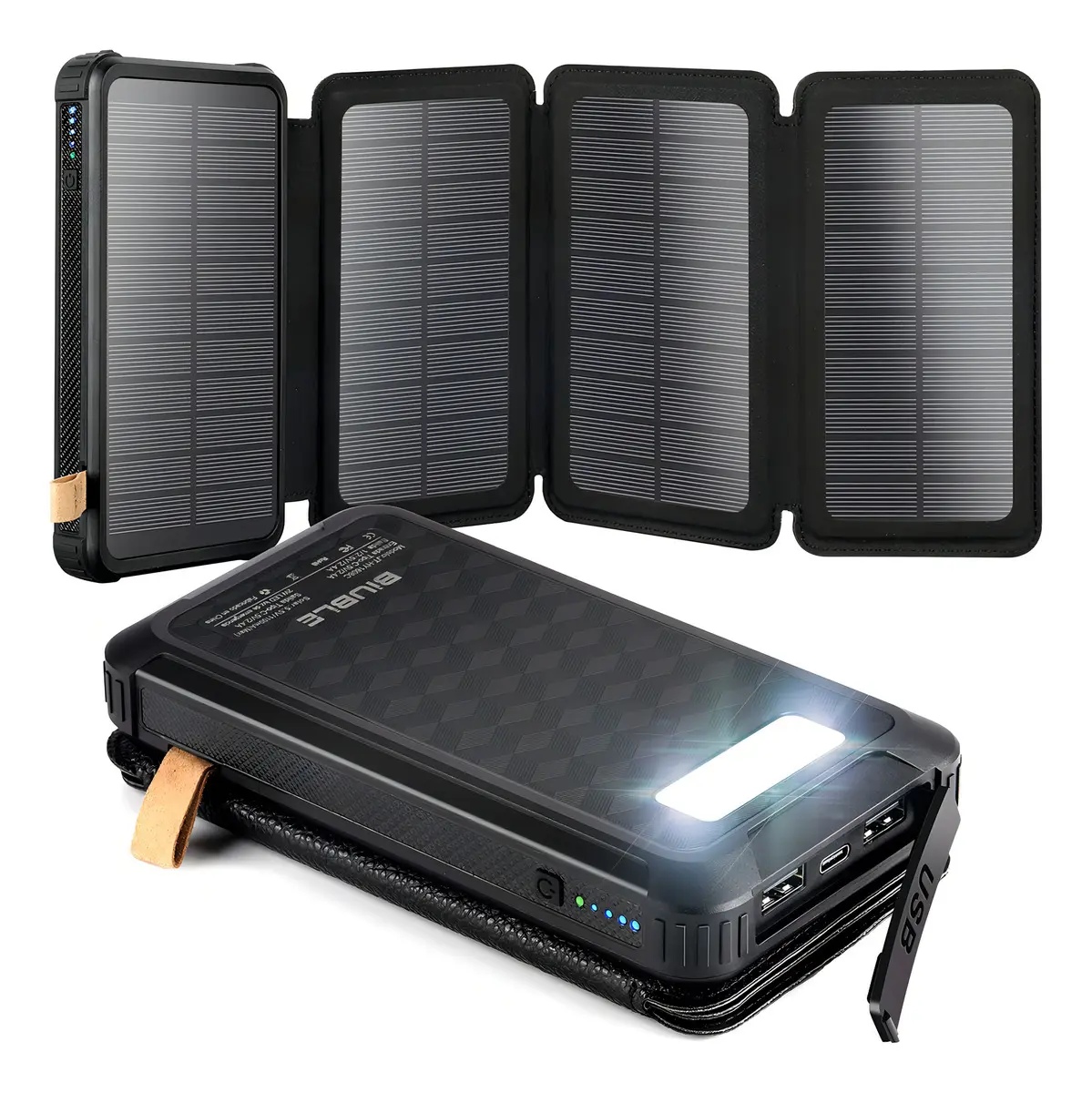 Power Bank Solar Biuble Portátil 30000mah Batería 4 Páneles Solares Color Negro